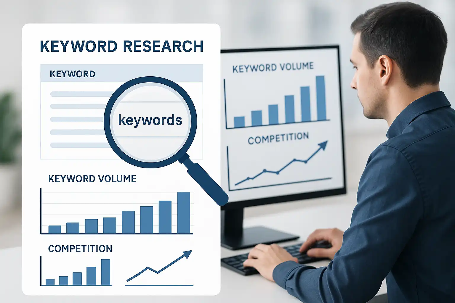 Professional illustration of keyword research for content marketing showing tools and keyword lists.