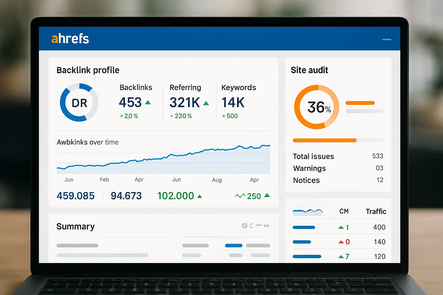 Screenshot-style image of Ahrefs dashboard showing backlink analysis and site audit features.