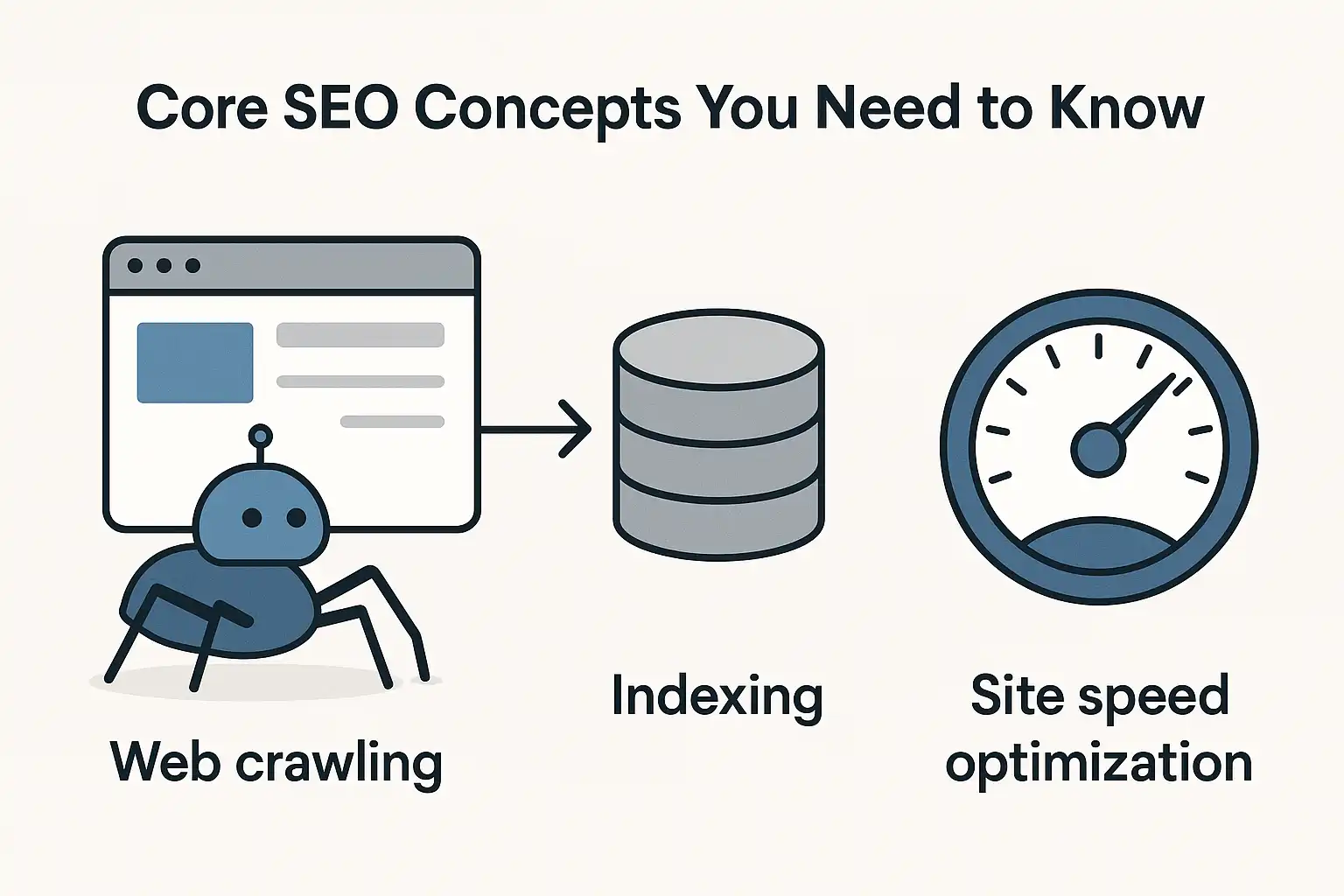 Illustration of technical SEO foundations including crawling, indexing, and site speed concepts