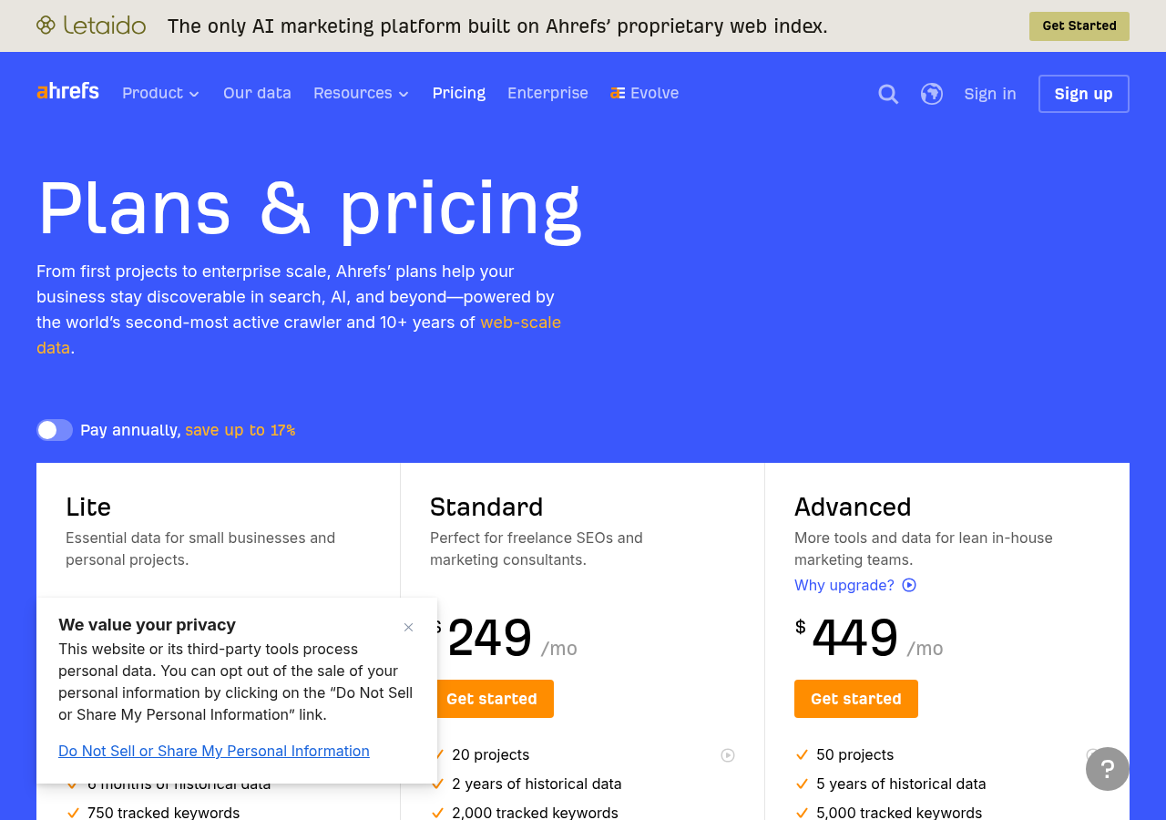 Screenshot of Ahrefs's pricing page showing its plans and prices