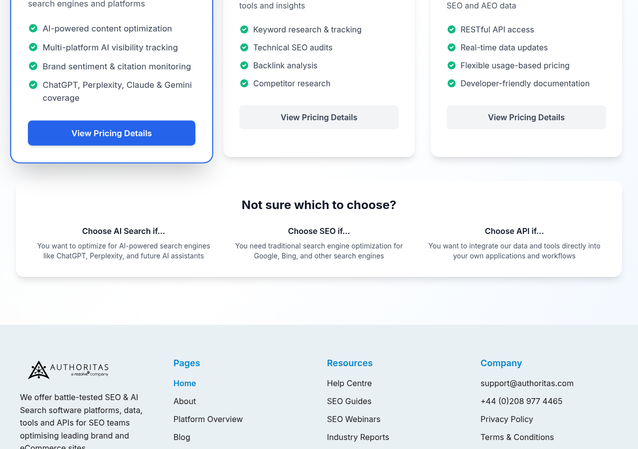 Screenshot of Authoritas's pricing page showing its plans and prices
