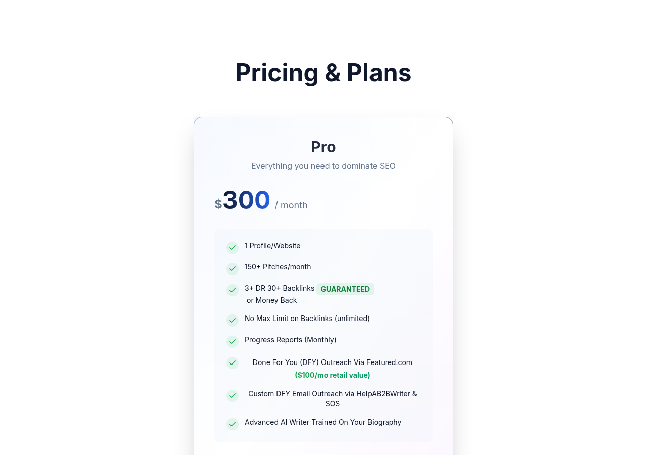 Screenshot of Backlinker AI's pricing page showing its plans and prices