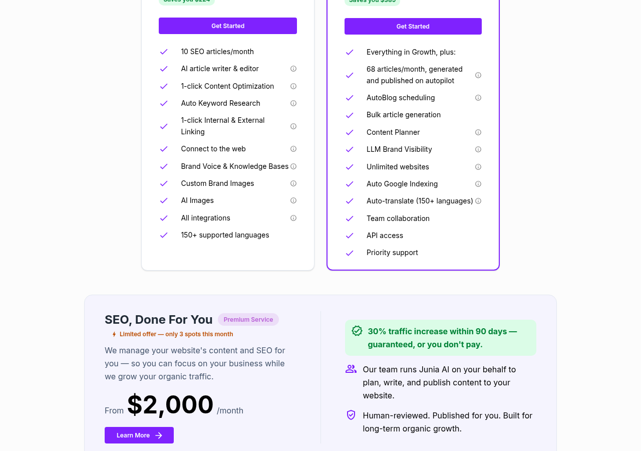 Screenshot of Junia AI's pricing page showing its plans and prices
