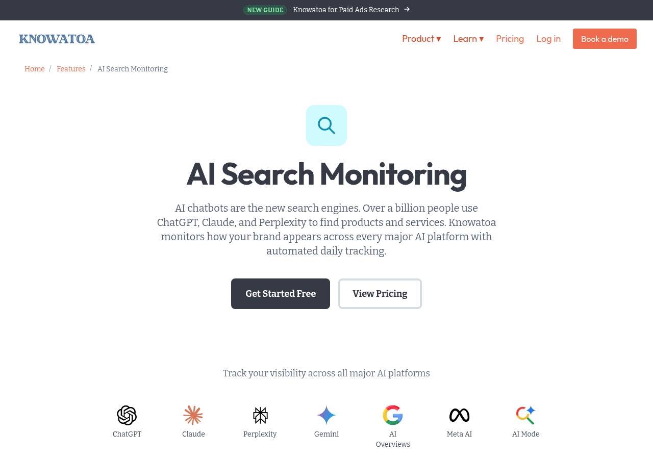 Screenshot of Knowatoa's ai search monitoring page