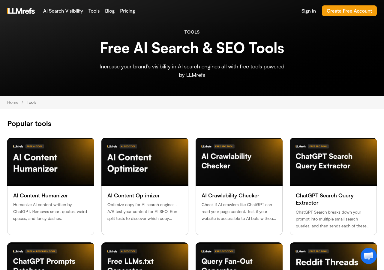 Screenshot of LLMrefs's tools page