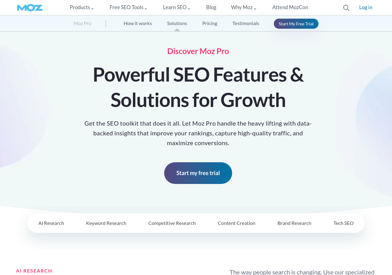 Screenshot of Moz Pro's solutions page