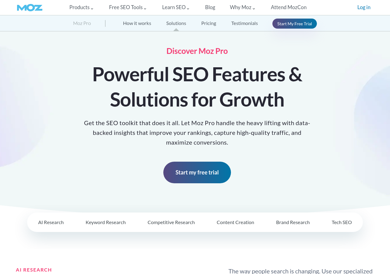 Screenshot of Moz Pro's solutions page