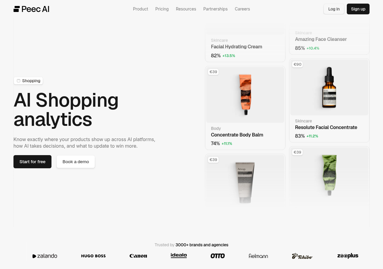 Screenshot of Peec AI's shopping page