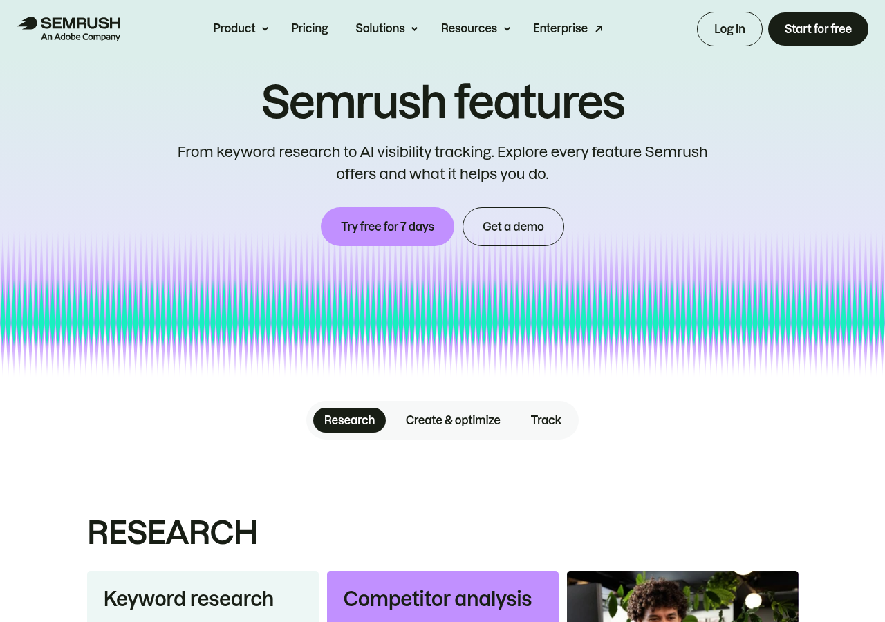 Screenshot of Semrush's features page
