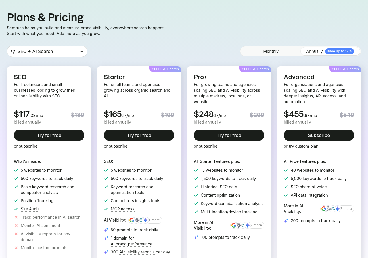 Screenshot of Semrush's pricing page showing its plans and prices