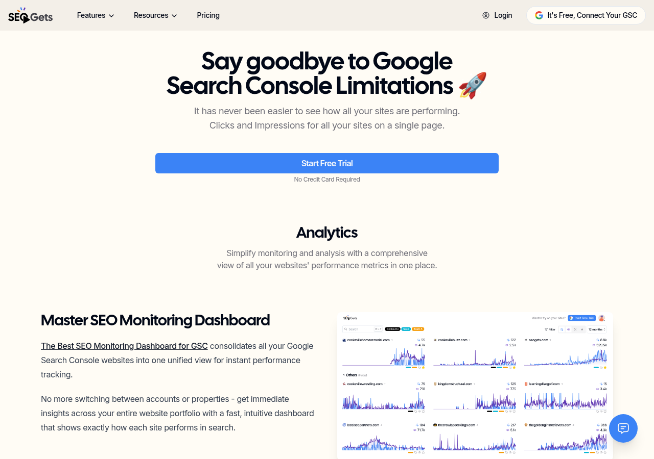 Screenshot of SEOGets's features page