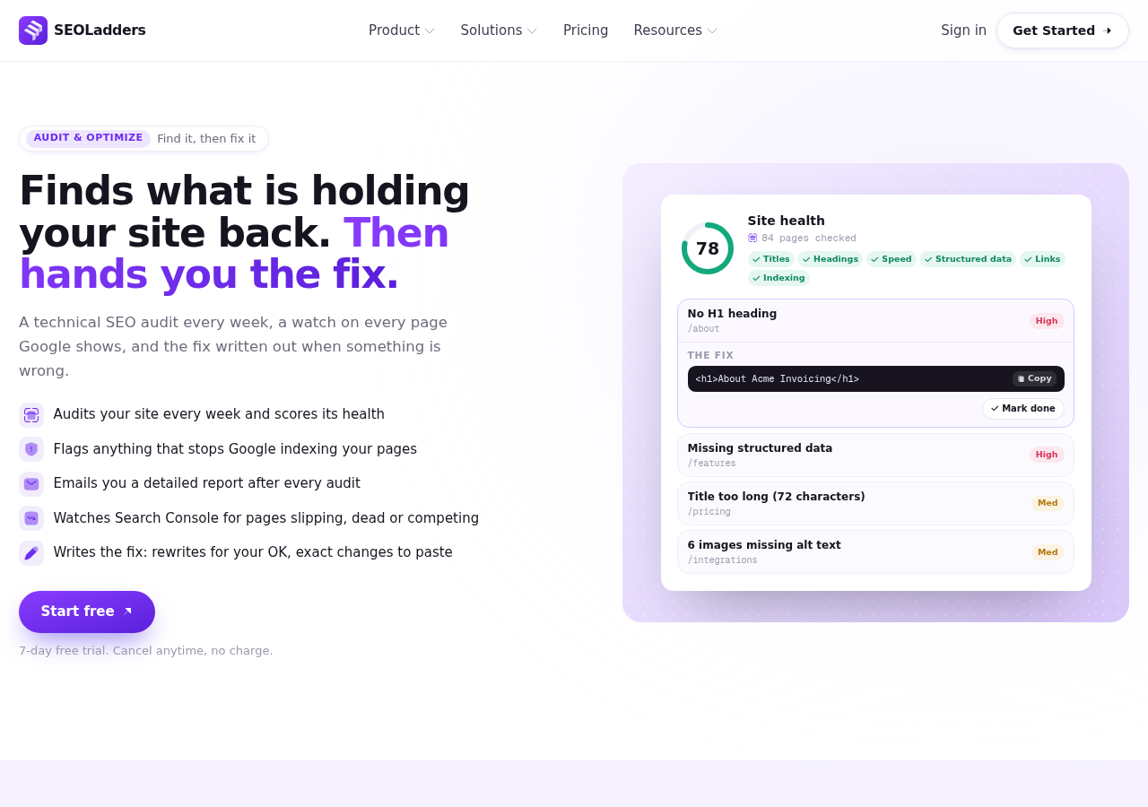 Screenshot of SEOLadders's seo agent page
