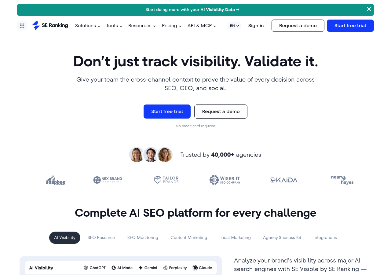 Screenshot of SE Ranking's homepage