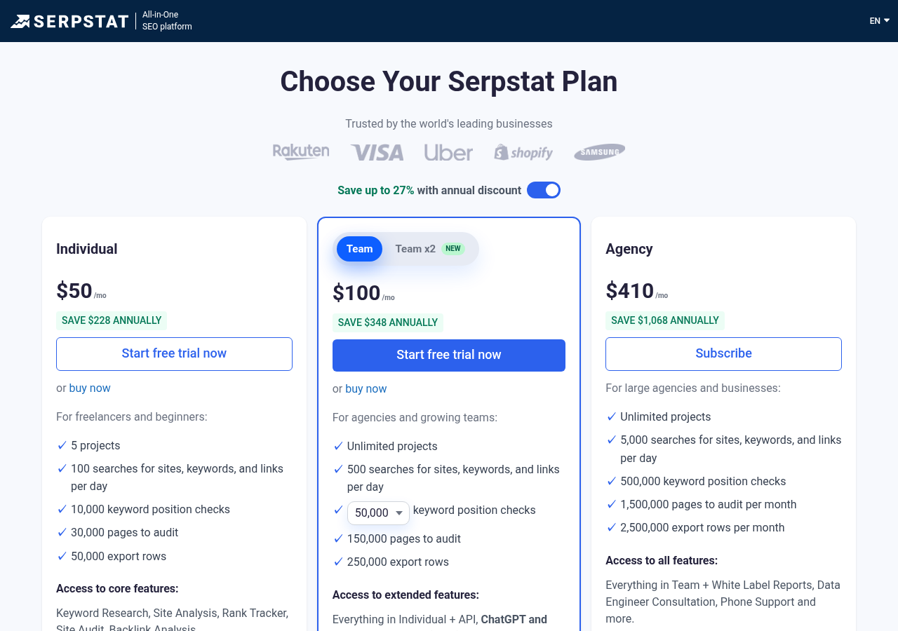 Screenshot of Serpstat's pricing page showing its plans and prices