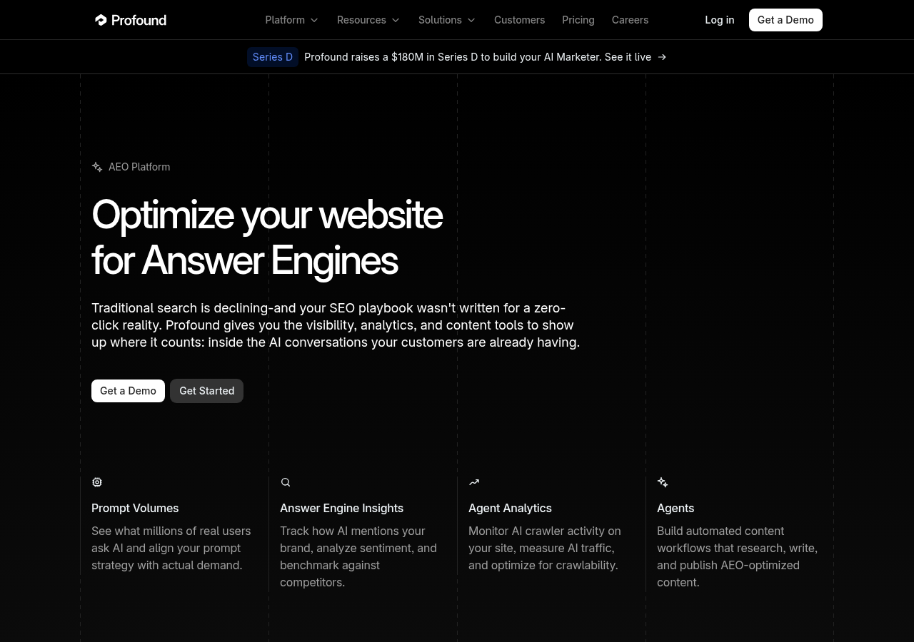 Screenshot of Profound's features page