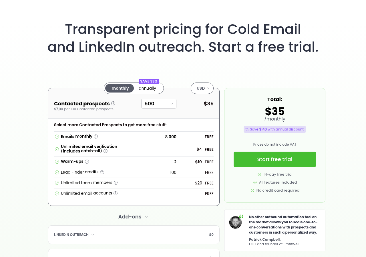 Screenshot of Woodpecker's pricing page showing its plans and prices
