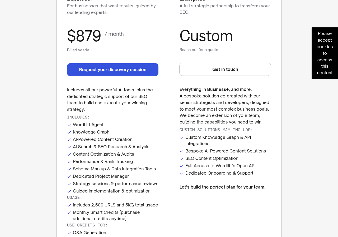 Screenshot of WordLift's pricing page showing its plans and prices