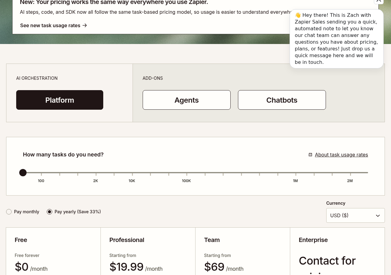 Screenshot of Zapier's pricing page showing its plans and prices